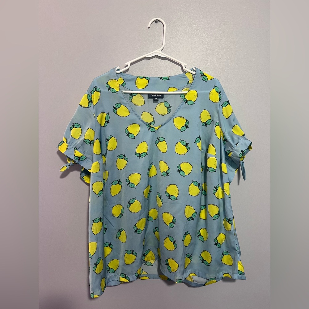 ModCloth Blue Lemon-Print Short Sleeve Blouse